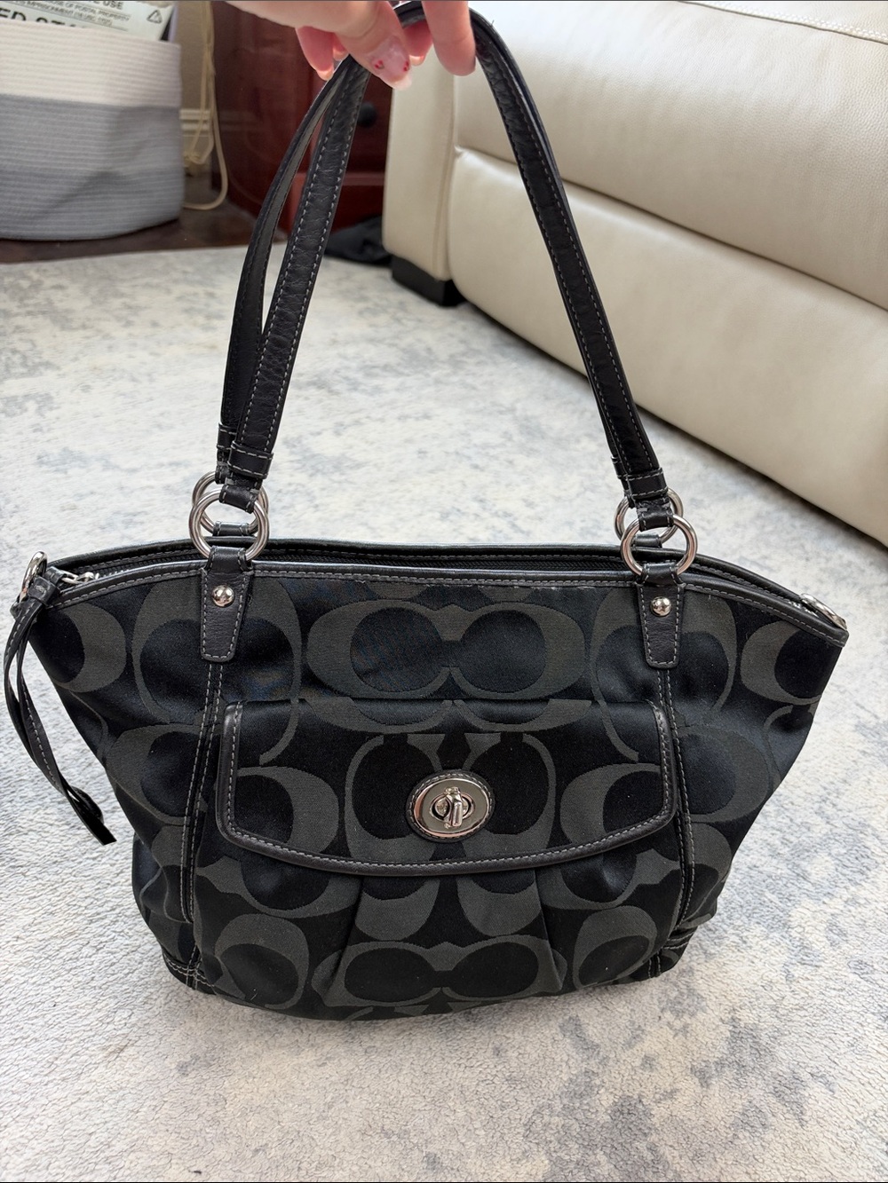 Coach F13139 Signature Monogram Leah Tote Shoulder Bag Black